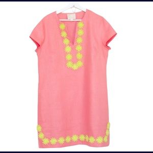 Sail to Sable coral linen green floral trim shift dress